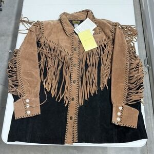Bob Mackie Wearable Art Leather Fringe Jacket Tan Black Two Tone Western 2X NEW